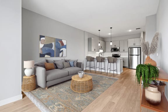 a living room and kitchen with a couch and a rug