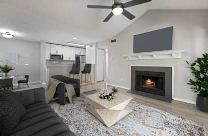 a living room with a fireplace and a tv