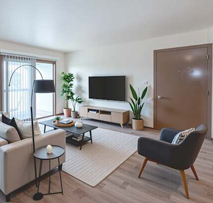 A living room with a white sofa, a black chair, a coffee table, a television, and a plant.