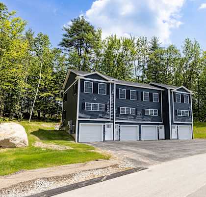 A grey house with a white garage door is surrounded by trees.
