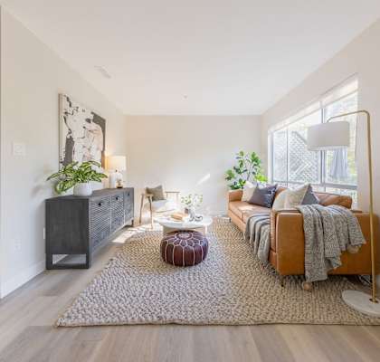a living room with a couch and a rug