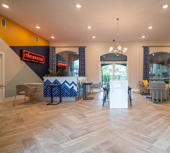 the lobby at the flats at big tex apartments
