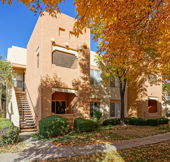 A beige building with a tree in front of it.