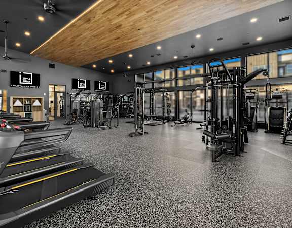 A gym with treadmills and other exercise equipment.