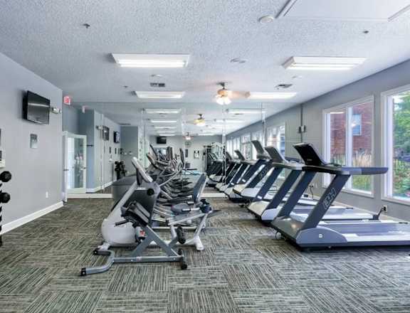 A gym with treadmills, weights, and exercise equipment.