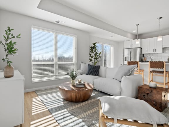 a living room with a couch and a coffee table    and a kitchen
