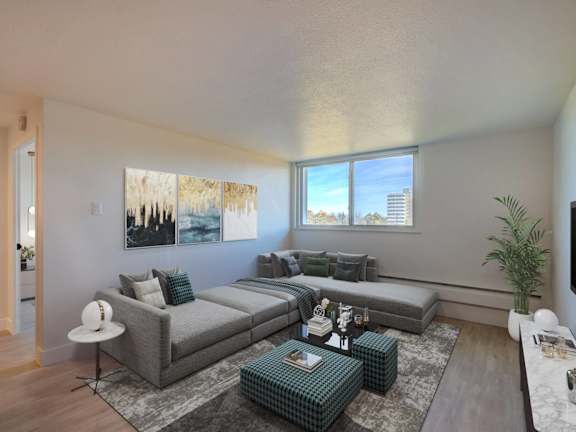 A living room with a couch, chairs, and a potted plant.