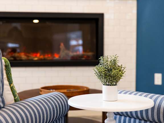 A cozy living room with a fireplace and a small potted plant on a table.