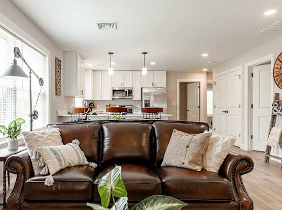 A brown leather couch with a potted plant on it.