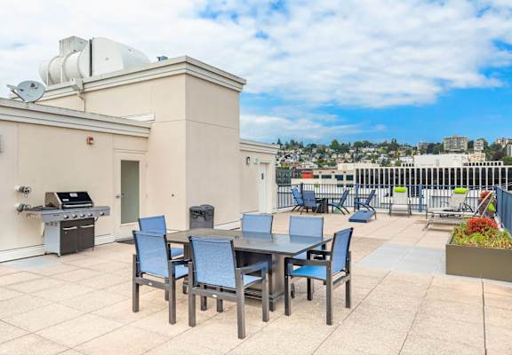 the patio has a dining table and chairs and a grill