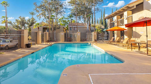 A swimming pool surrounded by a fence and palm trees.