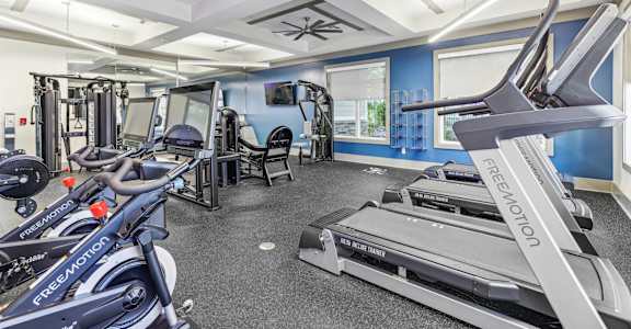 A gym with treadmills, elliptical machines, and other exercise equipment.