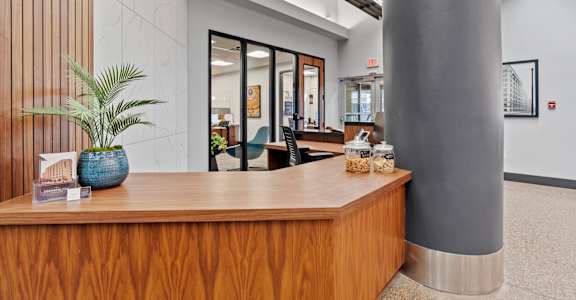 A reception desk with a plant on it and a vase with a blue plant in it.