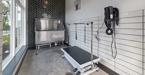 a fitness room with a treadmill and a hot tub