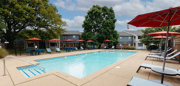 our apartments have a swimming pool with chairs and umbrellas