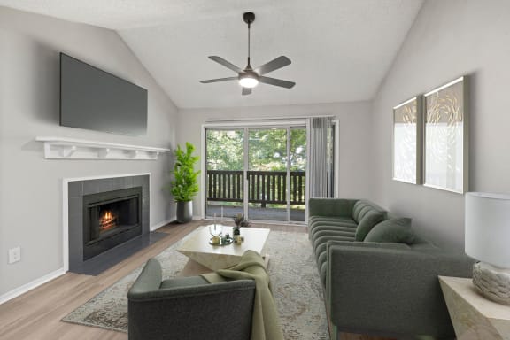 a living room with couches and a tv and a fireplace