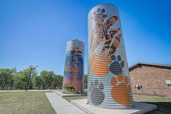 Two cisterns painted in Celina TX themed art