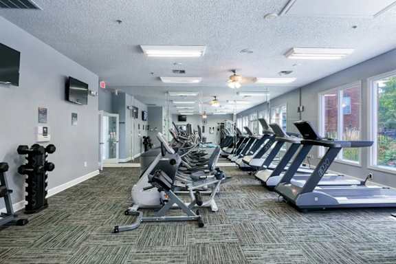 A gym with treadmills, weights, and exercise equipment.