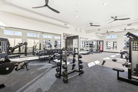 A spacious gym with a variety of equipment including dumbbells, weight machines, and a bench press.