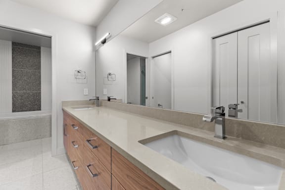 a large bathroom with a large sink and a mirror
