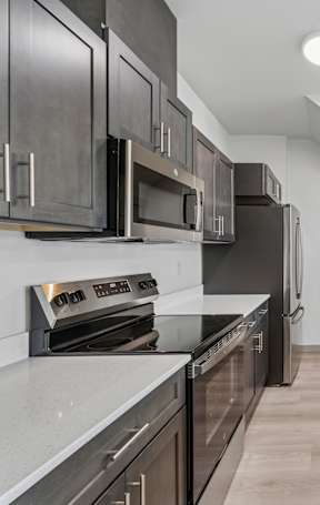 A modern kitchen with dark wood cabinets and stainless steel appliances.