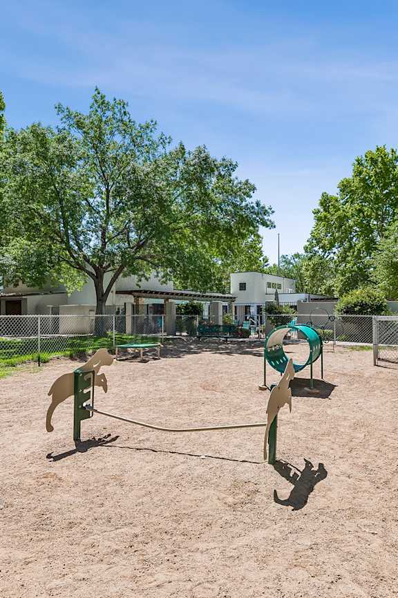 A dog park with a sandy area and a green exercise equipment.