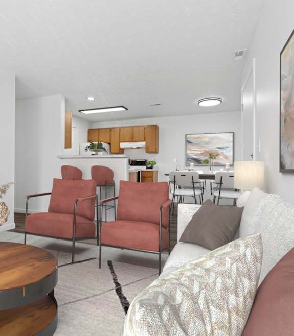 A living room with a wooden coffee table and grey sofas at Crystal Glen Apartments, Findlay, OH, 45840
