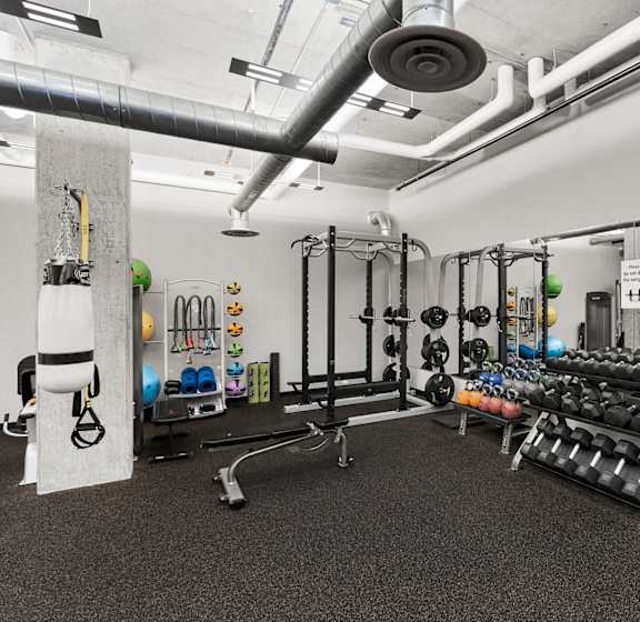 A gym with a variety of equipment including weights and machines.
