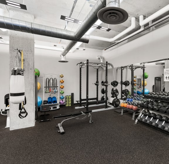 a fitness room with weights and other gym equipment