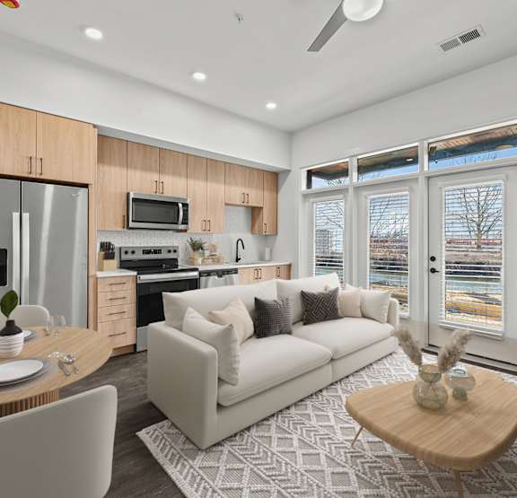 a rendering of a kitchen and dining room in an apartment