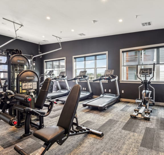 the gym with treadmills and weights at the belgard apartments at The Virginia, Seguin, 78155