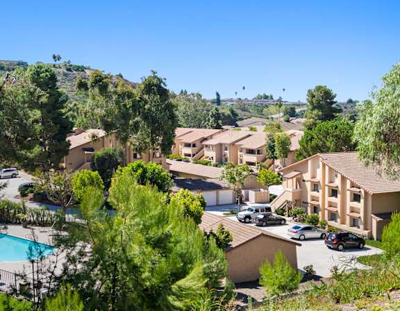 A pool surrounded by palm trees and umbrellas at River Oaks, California