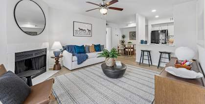 A living room with a fireplace and a grey rug.