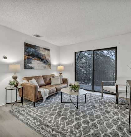 A living room with a couch, a chair, a coffee table, and a rug.