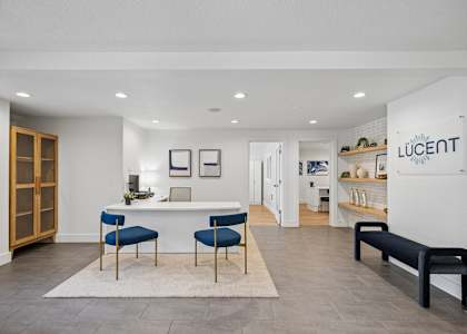 A room with a white reception desk and blue chairs.