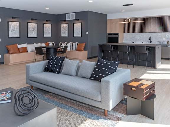 A grey couch with two pillows sits in a modern living room.