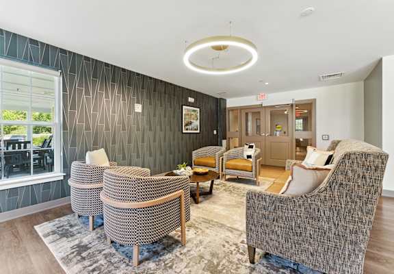 A living room with a grey patterned chair and a rug.