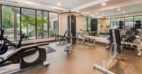a gym with exercise equipment and large windows
