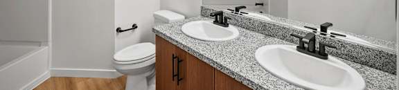 a bathroom with two sinks and a toilet and a mirror