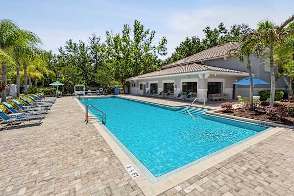 A large outdoor swimming pool surrounded by palm trees and a building.