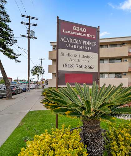 A palm tree stands in front of a sign for Academy Pointe Apartments.