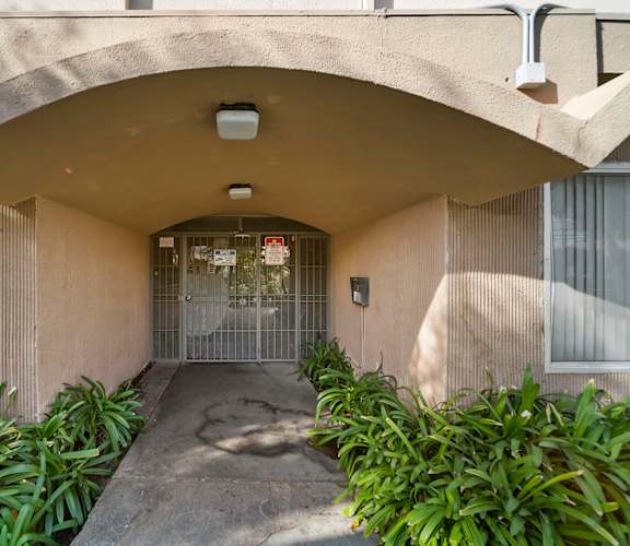 A concrete building with a gate and plants on the sides.