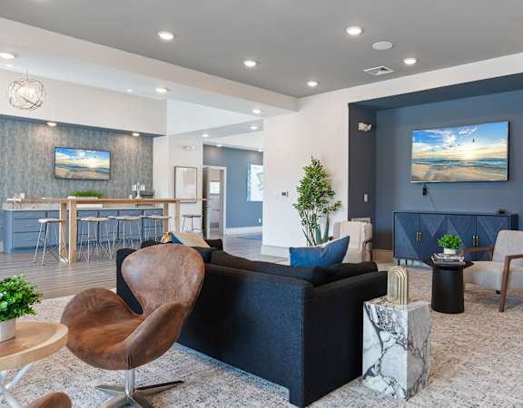 a living room with a blue accent wall and a couch