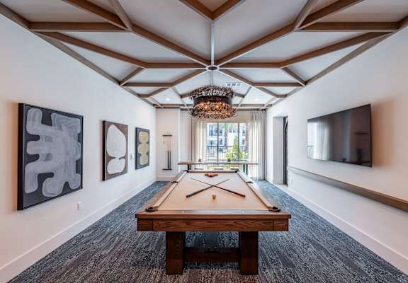 a games room with a pool table and a tv