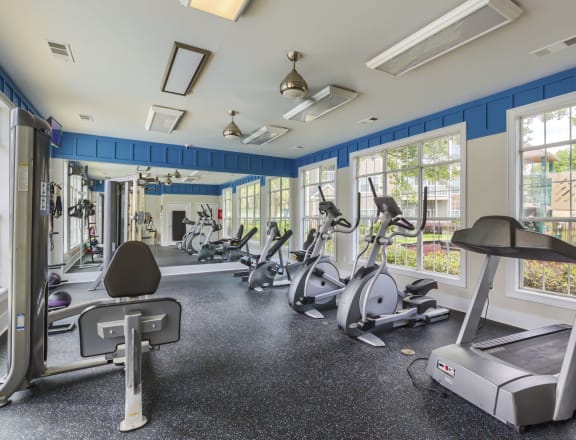 a gym with exercise bikes and windows