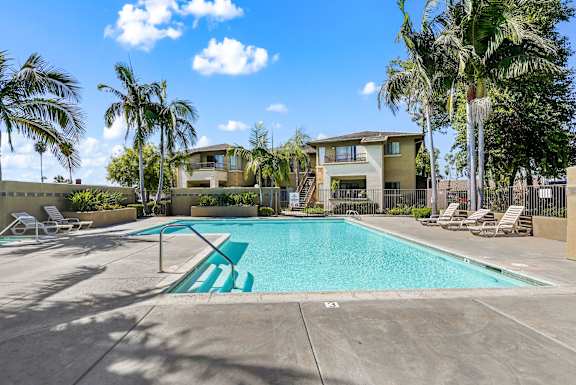 a swimming pool with palm trees and a house in the background