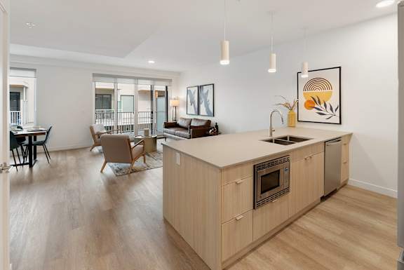 a living room with a kitchen and a dining room