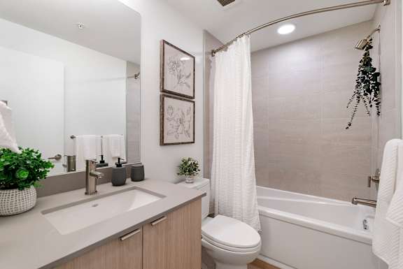 a bathroom with a sink toilet and shower and a tub