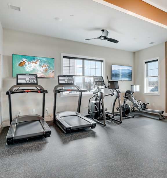 A spacious home gym with treadmills, elliptical machines, and a weight rack.