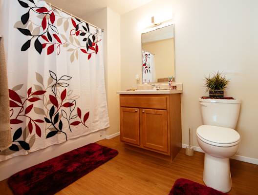 A white toilet sits next to a wooden cabinet in a bathroom.